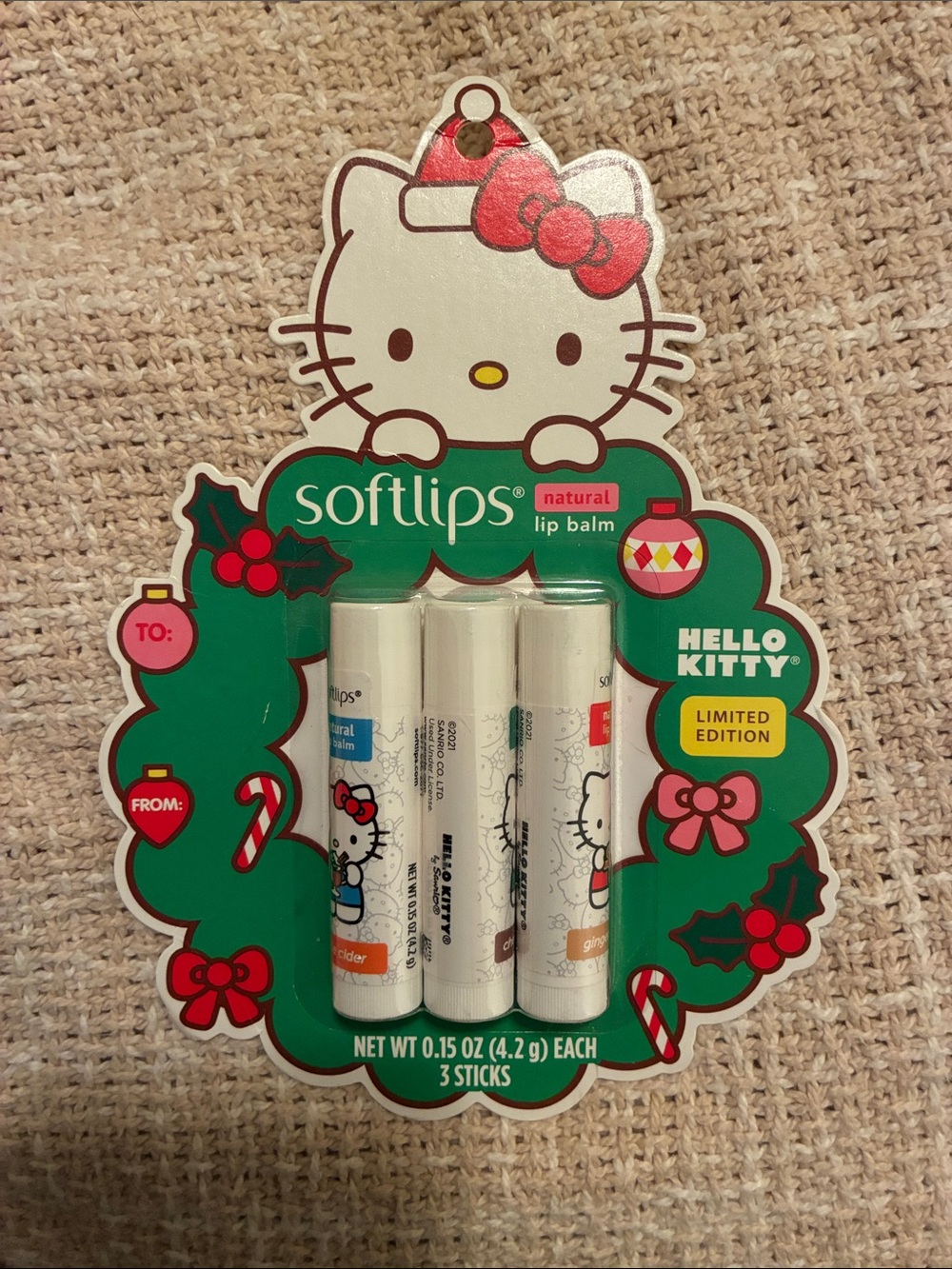 NWT Sanrio Hello Kitty Lip Balm Trio - Gingerbread, Apple Cider & Cherry Cordial